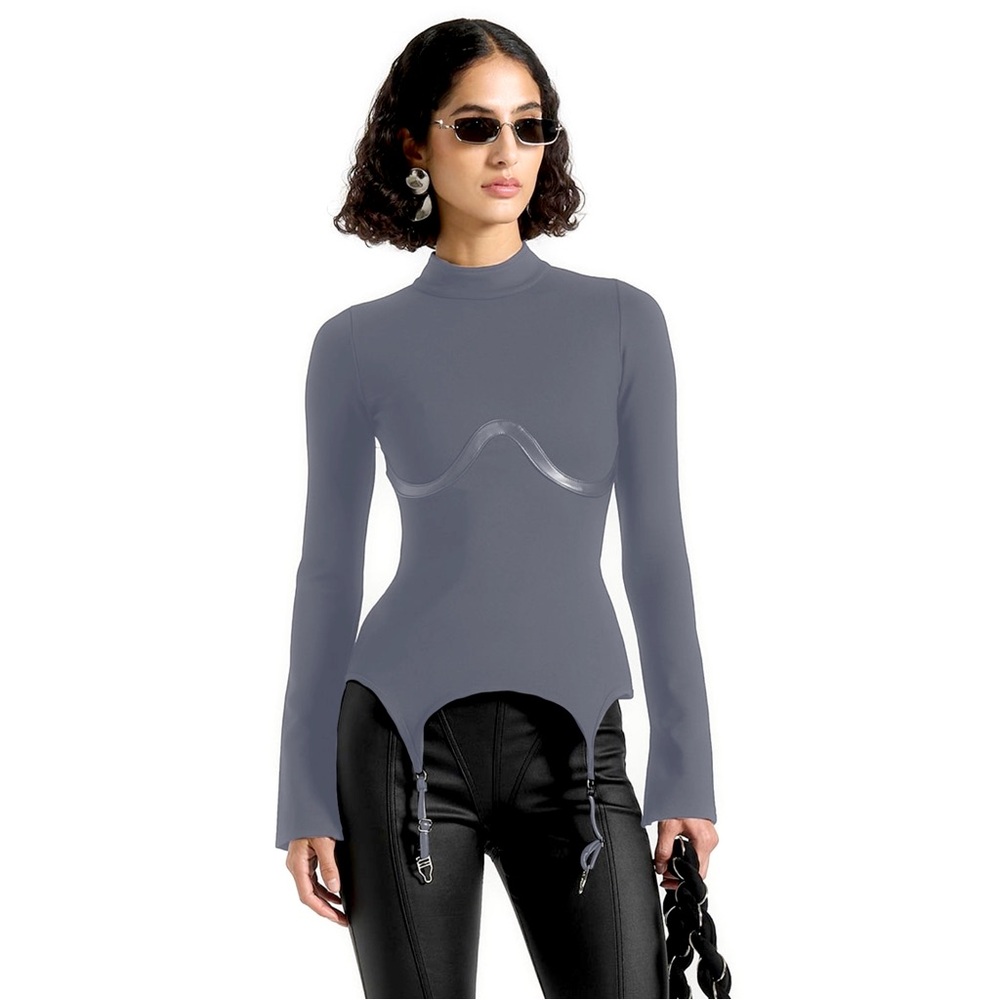 Maniere De Voir Slate Blue Long Sleeve Corset Top